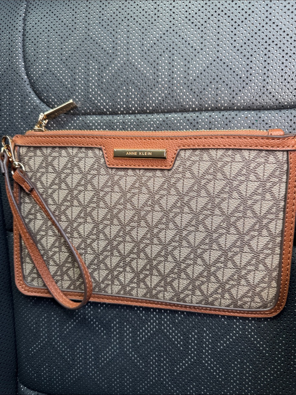 Anne Klein Brown Logo Print Wristlet Clutch with Tan Trim - Picture 1 of 6